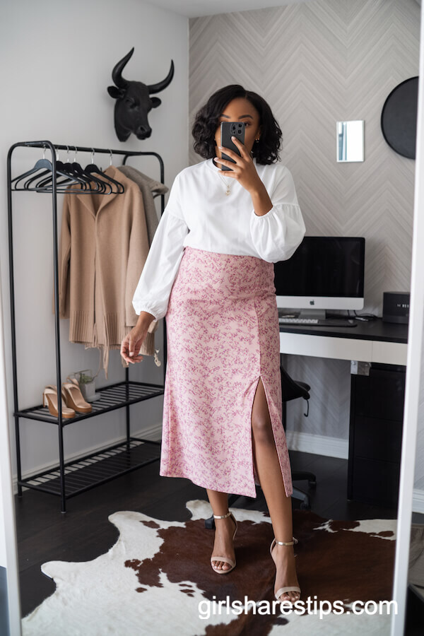 White Sweater and Pink Floral Midi Skirt