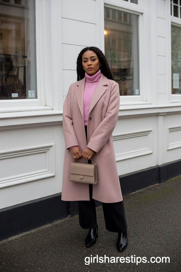Pink Wool Coat and Black Wide-Leg Pants