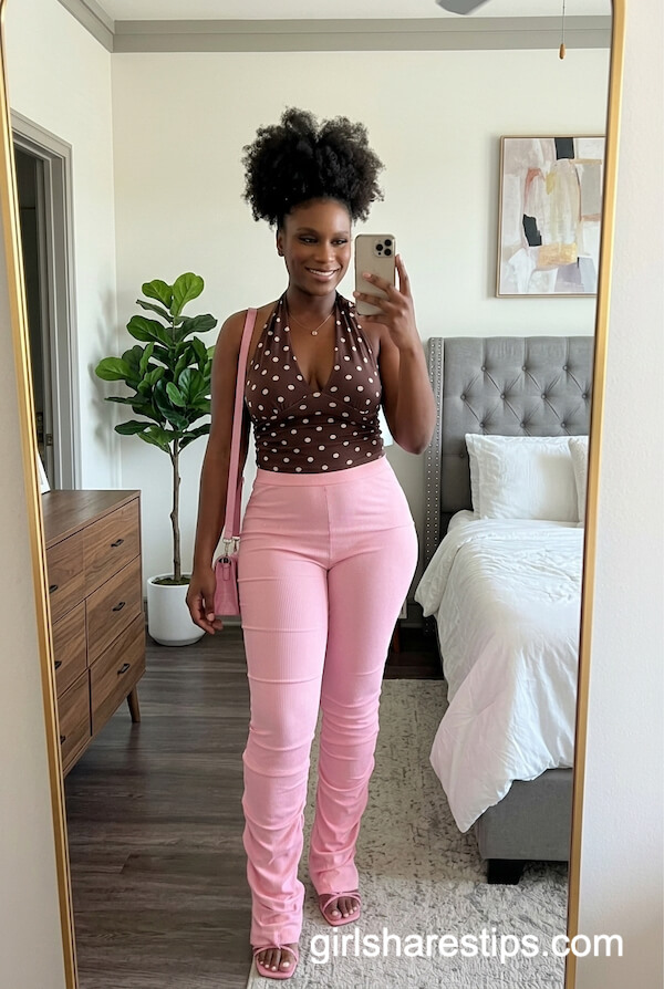 Brown Polka Dot Bodysuit and Pink Pants