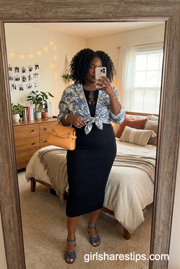 Little Black Dress with Blue Floral Blouse