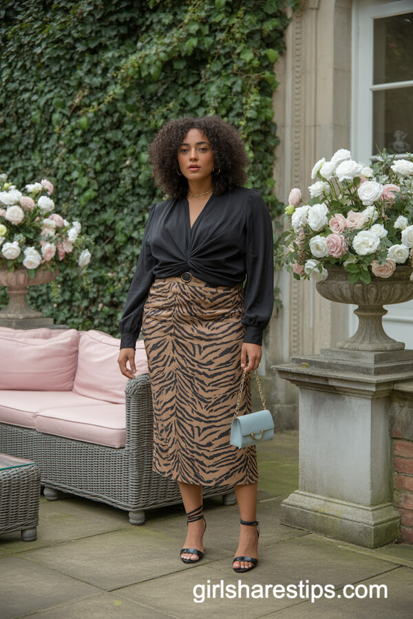 Black Twist Blouse and Tiger Print Midi Skirt