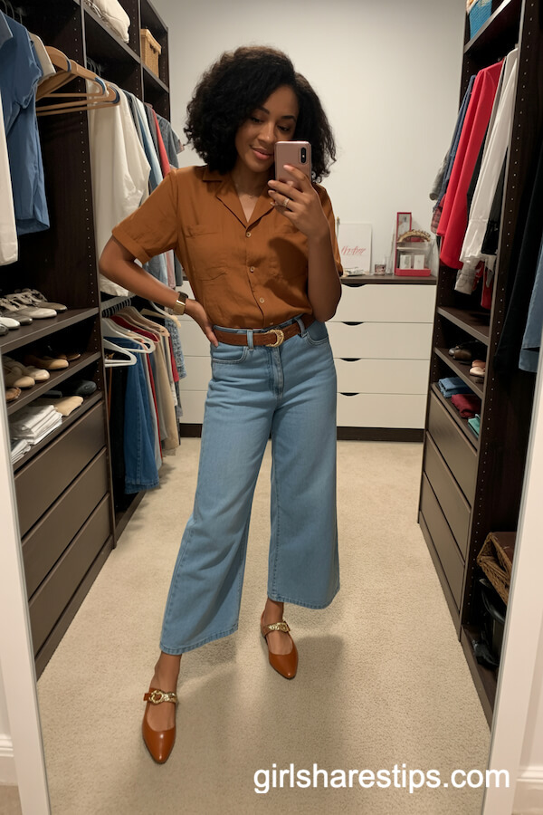 Rust Button-Up and Cropped Wide-Leg Jeans