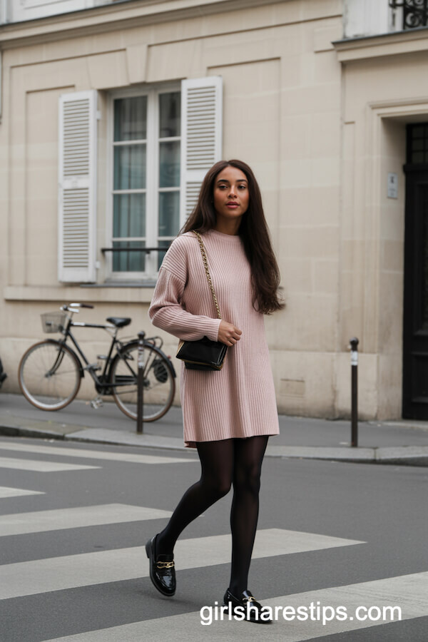 Blush Pink Sweater Dress and Black Tights