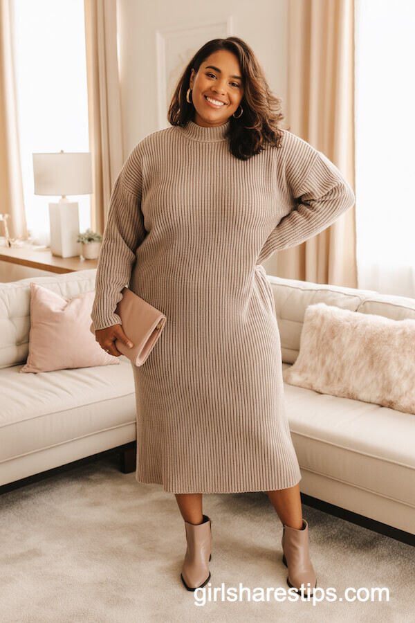 Beige Knit Midi Dress with Taupe Boots