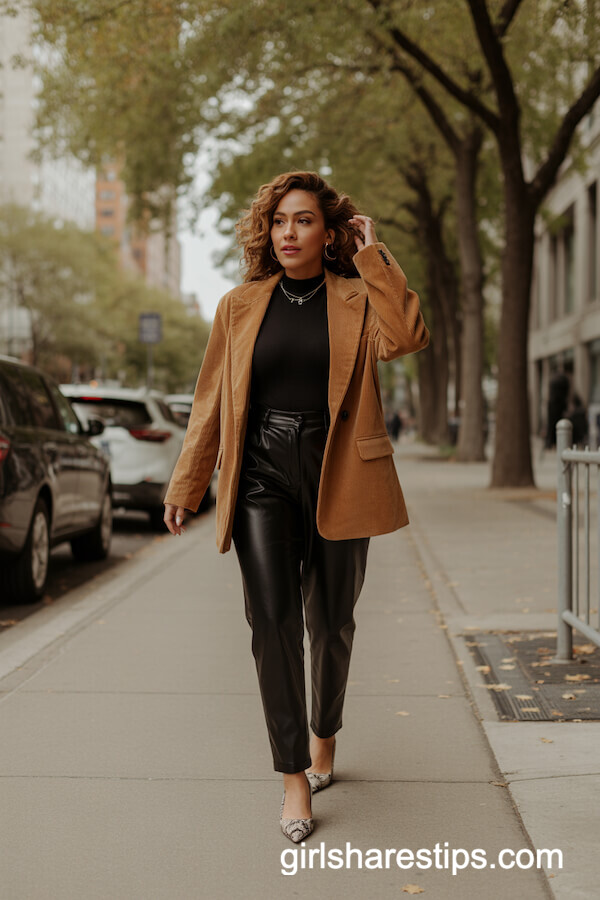 Tan Corduroy Blazer with Faux Leather Pants