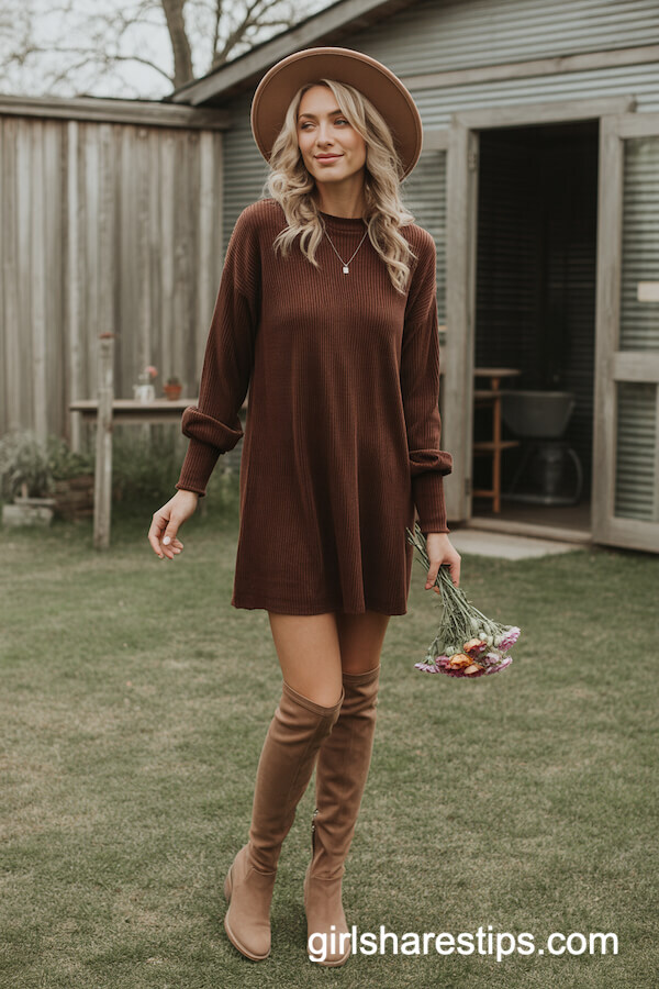 Chocolate Brown Sweater Dress with Knee Boots