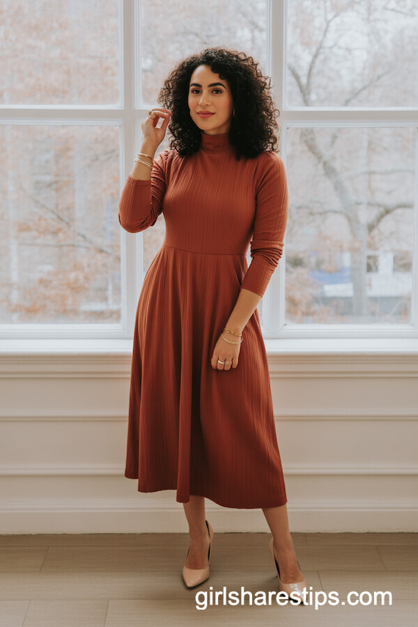 Rust Mock-Neck Midi Dress with Nude Pumps