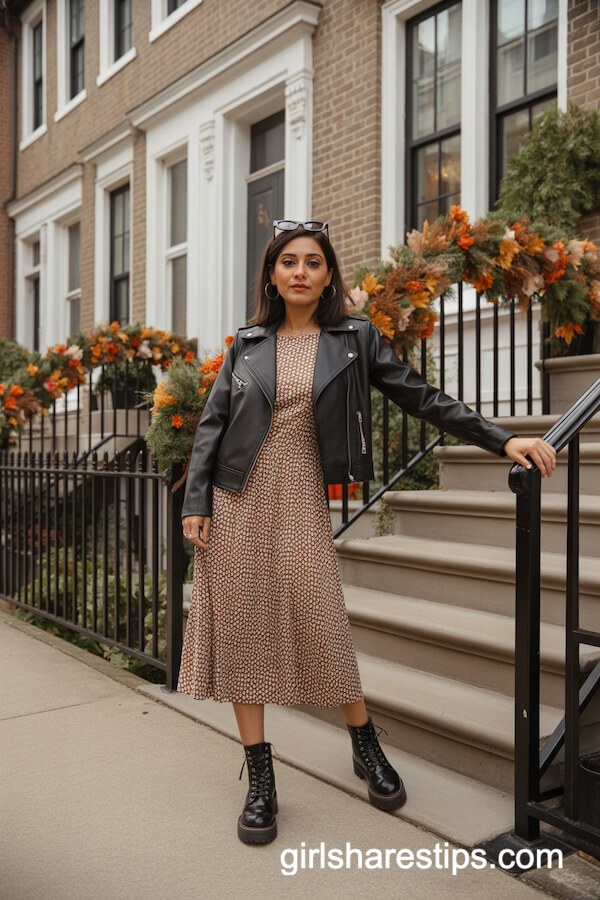 Polka Dot Midi Dress with Black Leather Jacket
