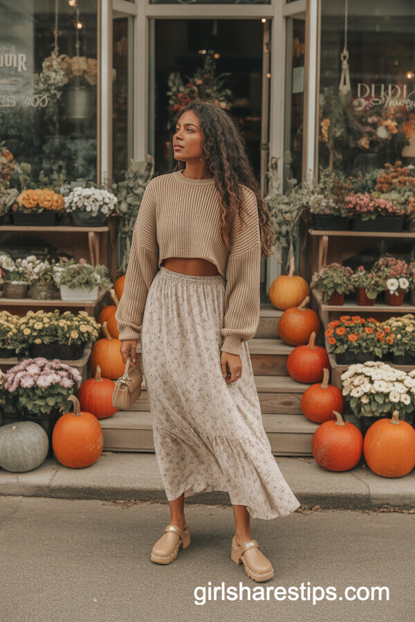 Floral Maxi Skirt with Oatmeal Cropped Sweater