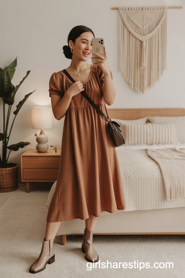 Cinnamon Midi Smock Dress with Taupe Booties