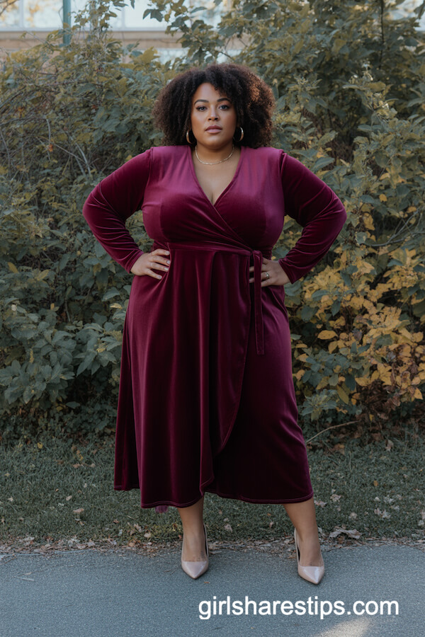 Burgundy Velvet Wrap Dress with Nude Heels