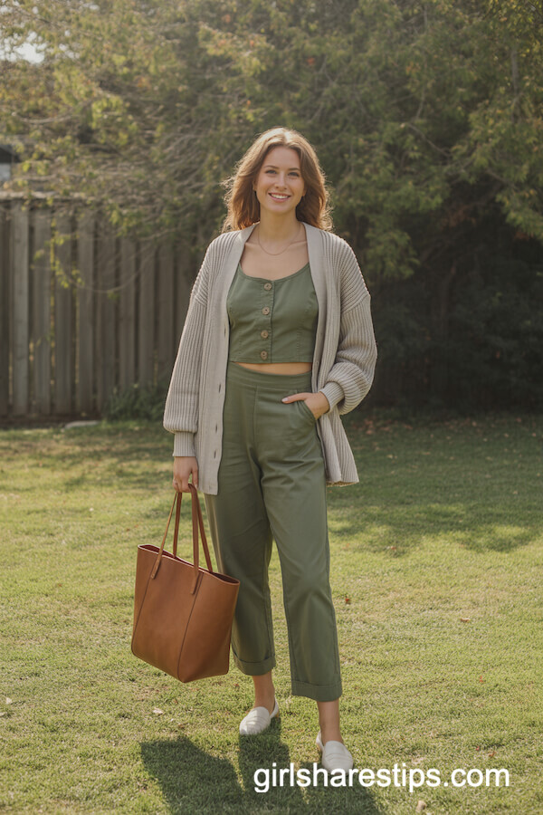 Olive Green Jumpsuit with Beige Cardigan