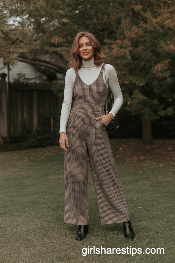 Brown Plaid Jumpsuit with Black Boots