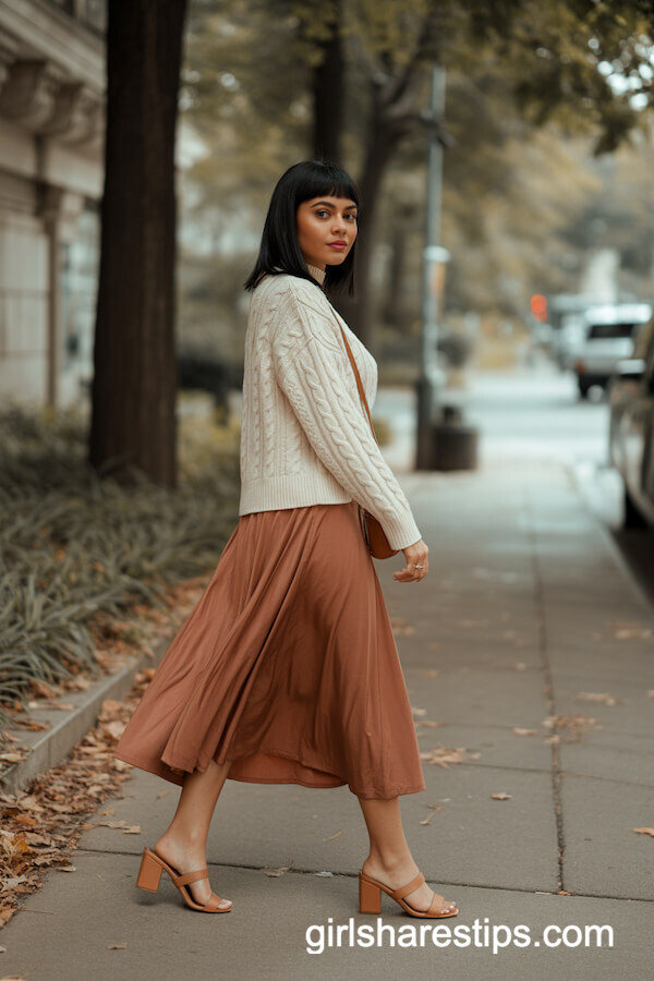 Cream Cable Knit Sweater with Rust Midi Skirt