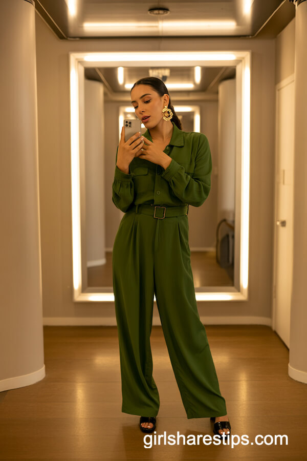 Forest Green Belted Jumpsuit with Chunky Heels