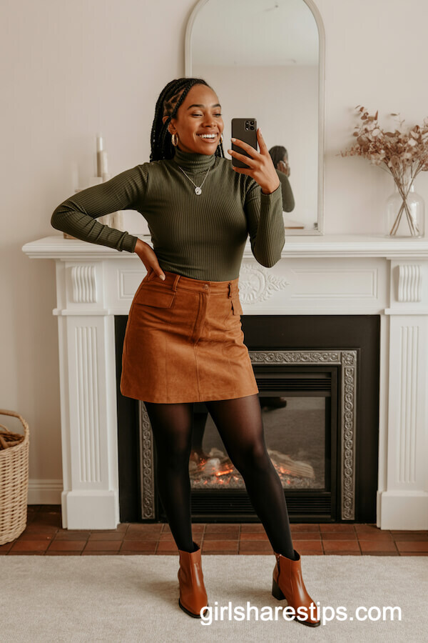 Olive Turtleneck Bodysuit with Cognac Mini Skirt