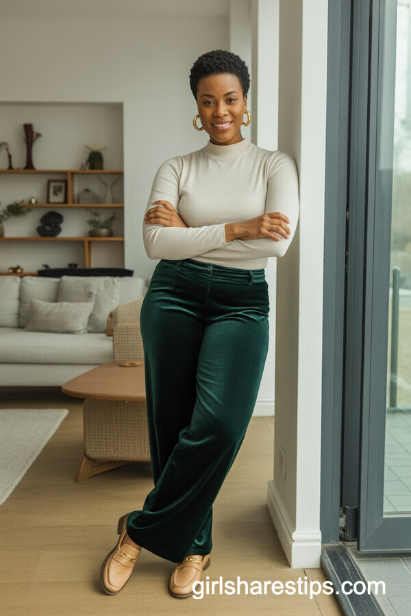 Emerald Velvet Pants with Ivory Mock-Neck Sweater