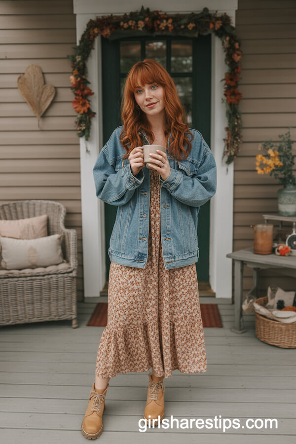 Boho Floral Maxi Dress with Denim Jacket