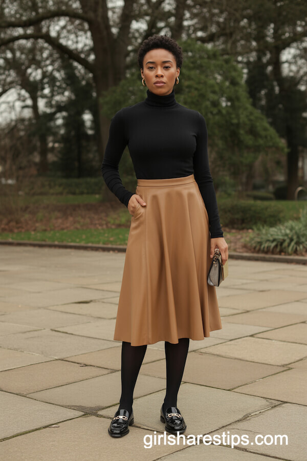 Black Turtleneck with Camel A-Line Midi Skirt