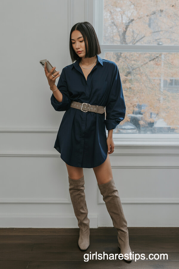 Navy Blue Shirt Dress with Taupe Boots