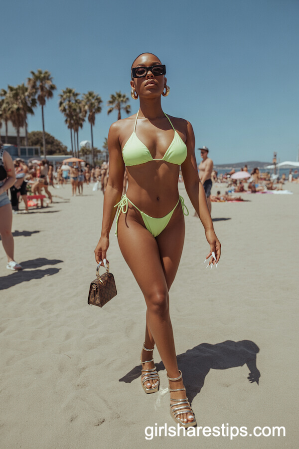 Neon Bikini with Chunky Gold Hoops and Platform Sandals