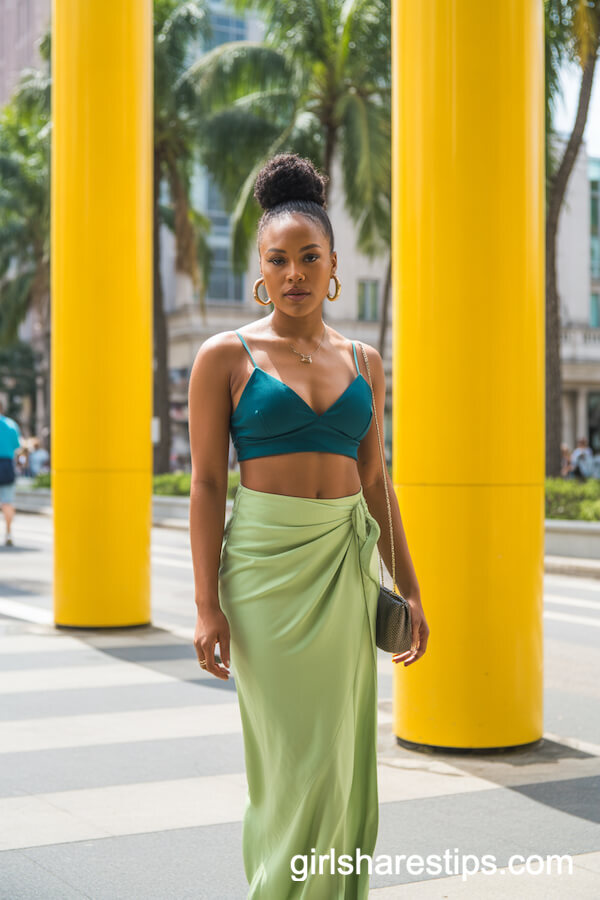 Teal Bralette Crop Top with Lime Green Draped Skirt