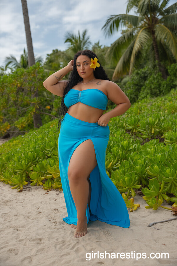 Turquoise Bandeau Crop Top with High Slit Maxi Skirt