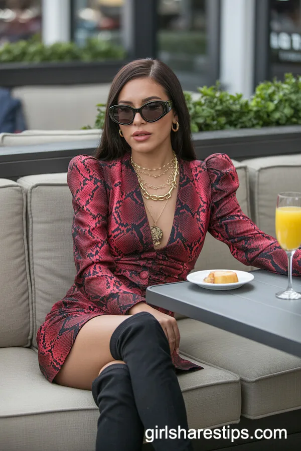 Bold Snake Print Mini Dress Thigh-High Boots