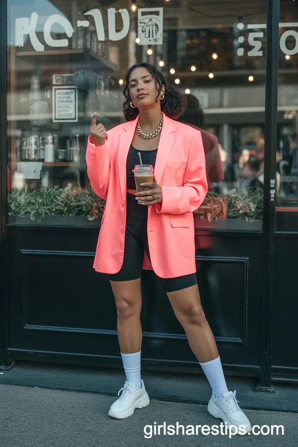 Neon Pink Oversized Blazer with Bike Shorts and Dad Sneakers