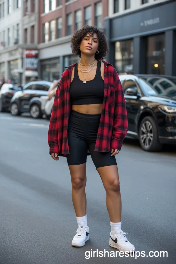 Black Crop Top with Red Flannel and Biker Shorts