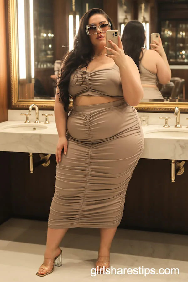 Taupe Ruched Crop Top and Skirt Set for a Luxe Vibe