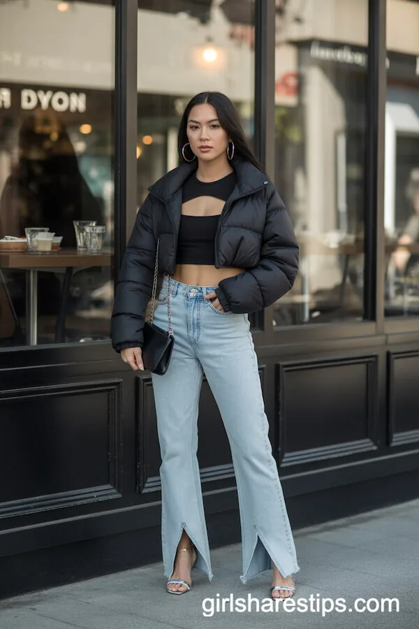 Black Cropped Puffer with Split Hem Jeans and Heels