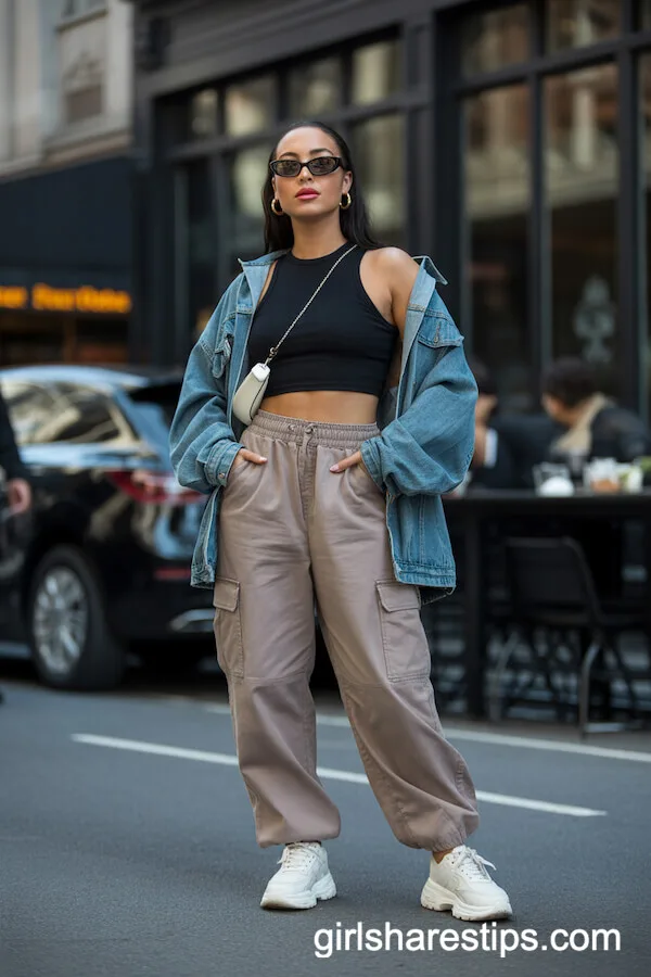 Fitted Crop Top with Oversized Denim Jacket and Cargo Pants