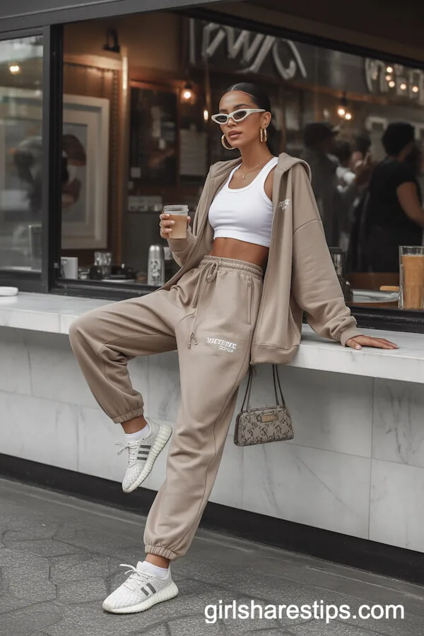 Beige Logo Tracksuit and Monochrome Sneakers
