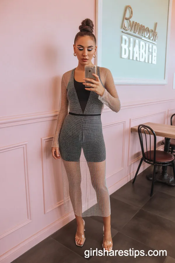 Rhinestone Mesh Midi Dress over Black Bodysuit for Brunch Glam