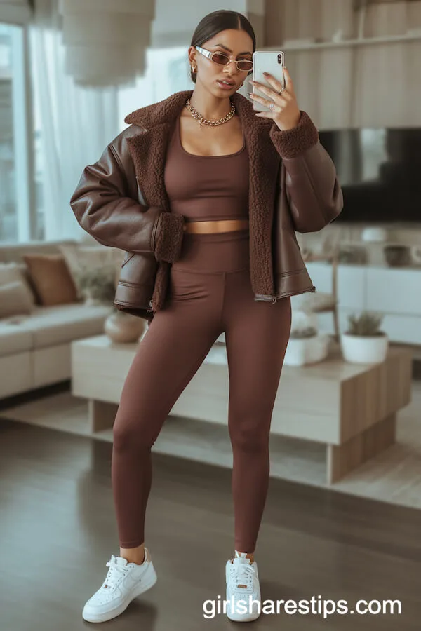 Chocolate Brown Matching Set with Oversized Shearling Jacket