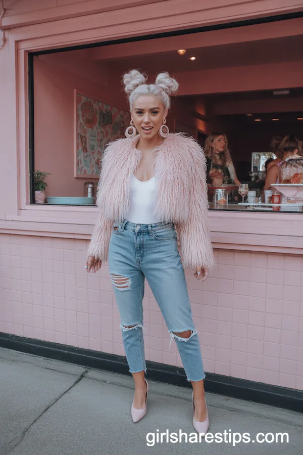 Ripped Skinny Jeans and Pink Faux Fur Jacket Playful Vibes