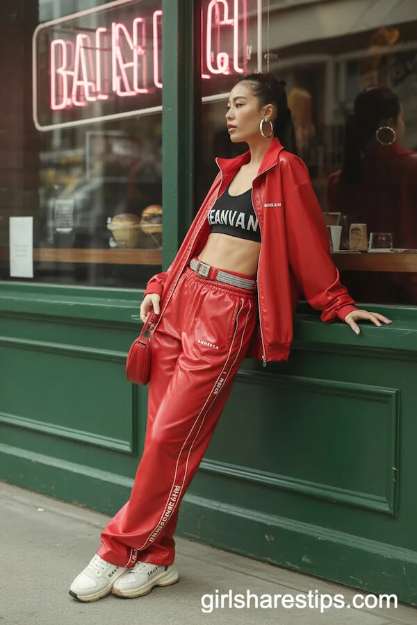 Red Snap Track Pants with Bralette and Designer Sneakers