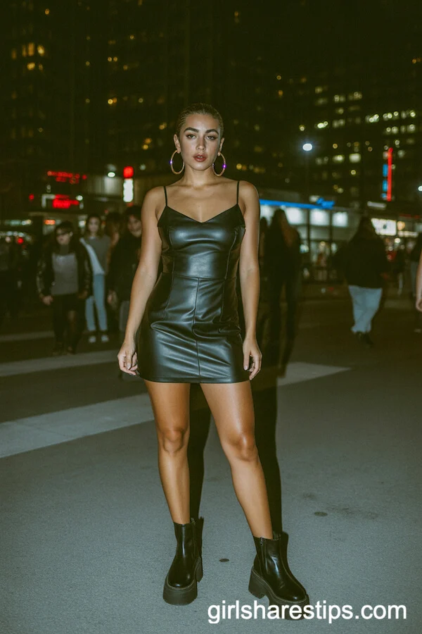 Black Leather Mini Dress with Chunky Boots