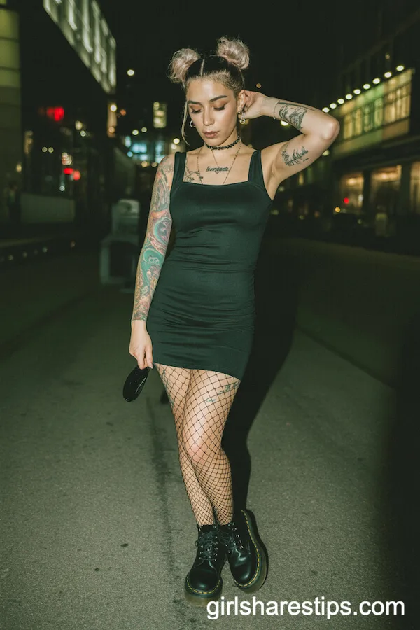 Black Mini Dress with Fishnets and Dr. Martens