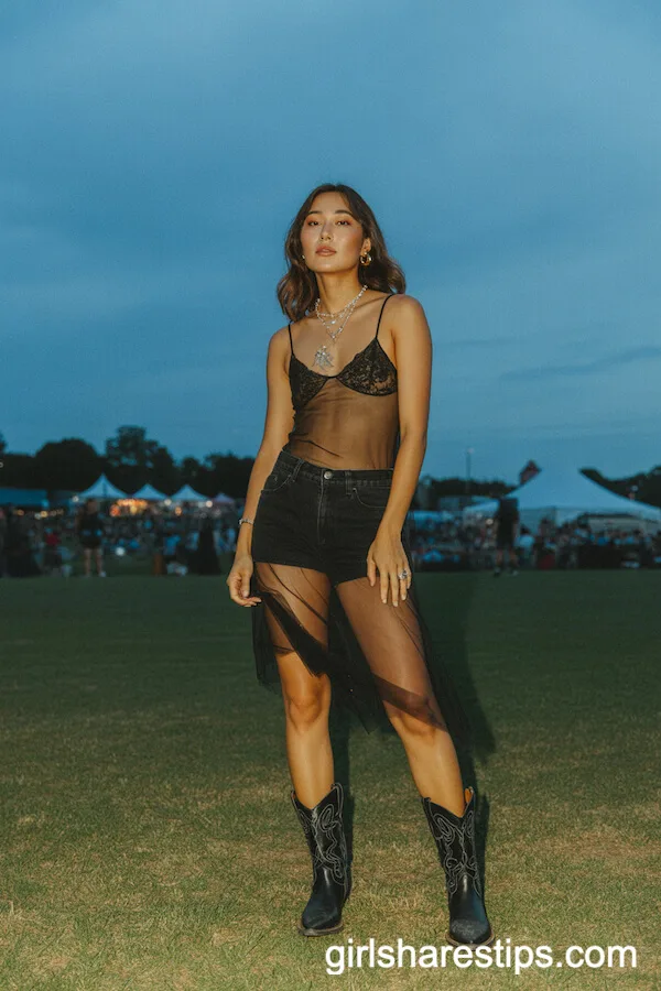 Sheer Black Slip Dress with Cowboy Boots