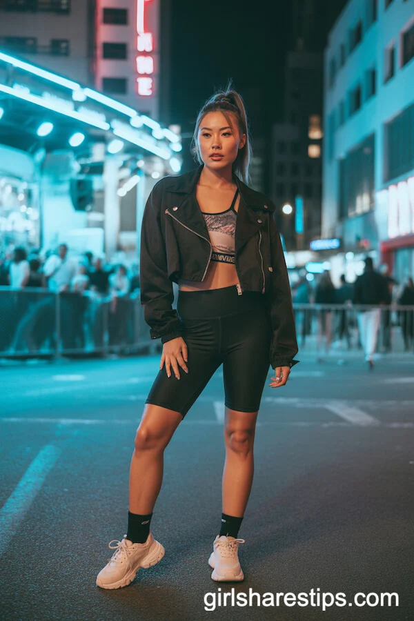 Cropped Moto Jacket with Sports Bra and Biker Shorts