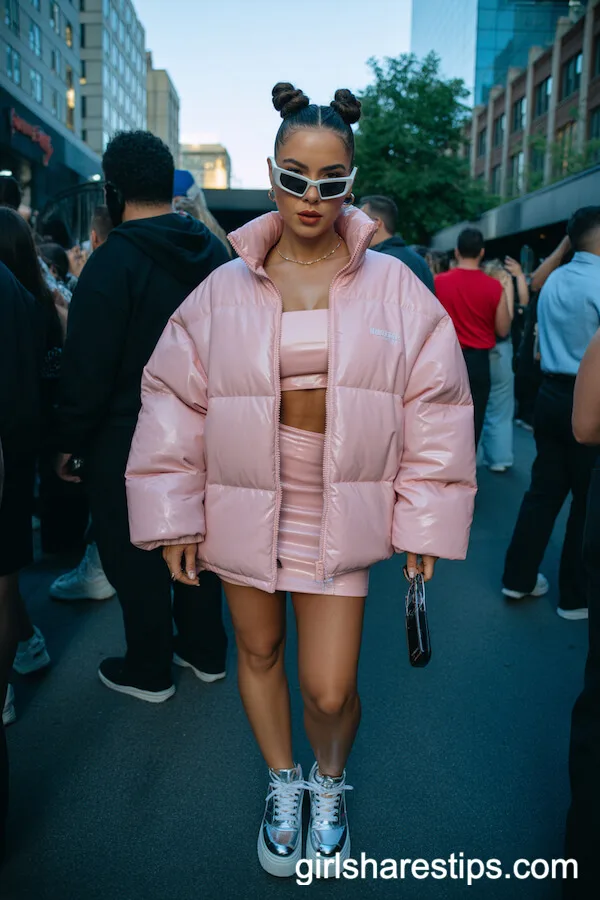 Oversized Glossy Puffer Jacket Mini Skirt