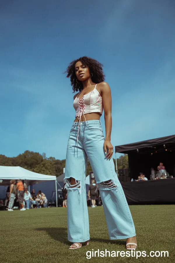 Pastel Bustier Top with Wide-Leg Distressed Jeans