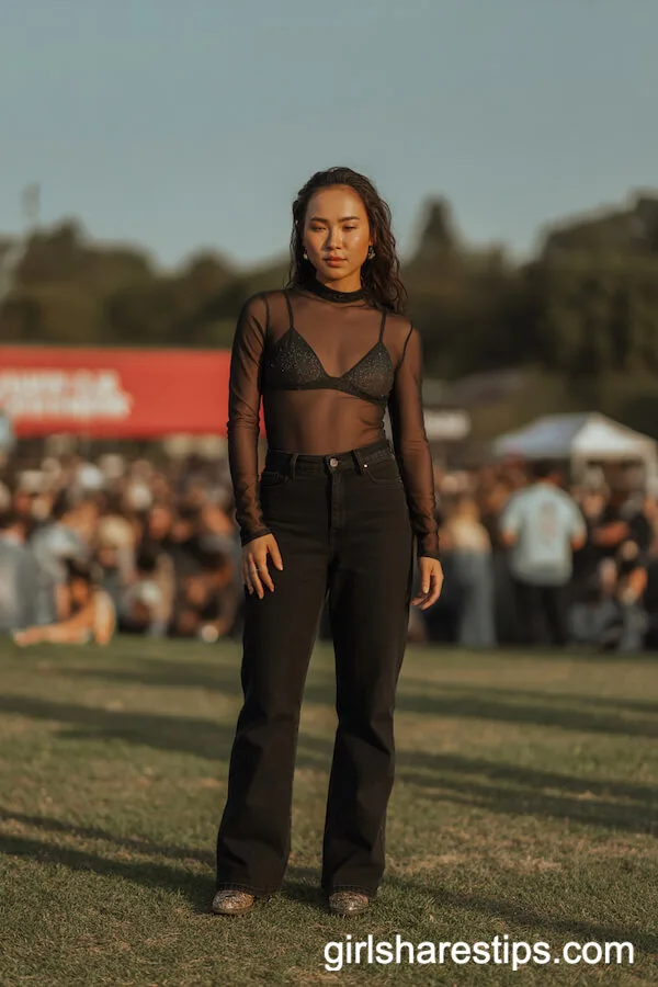 Sheer Mesh Top with Sparkly Bralette and Black Pants