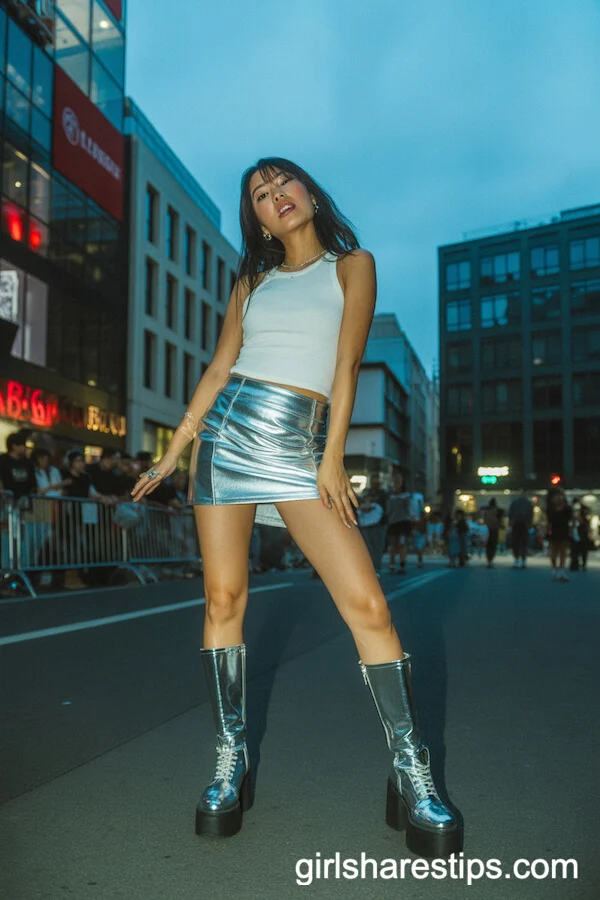 Silver Metallic Mini Skirt Platform Boots