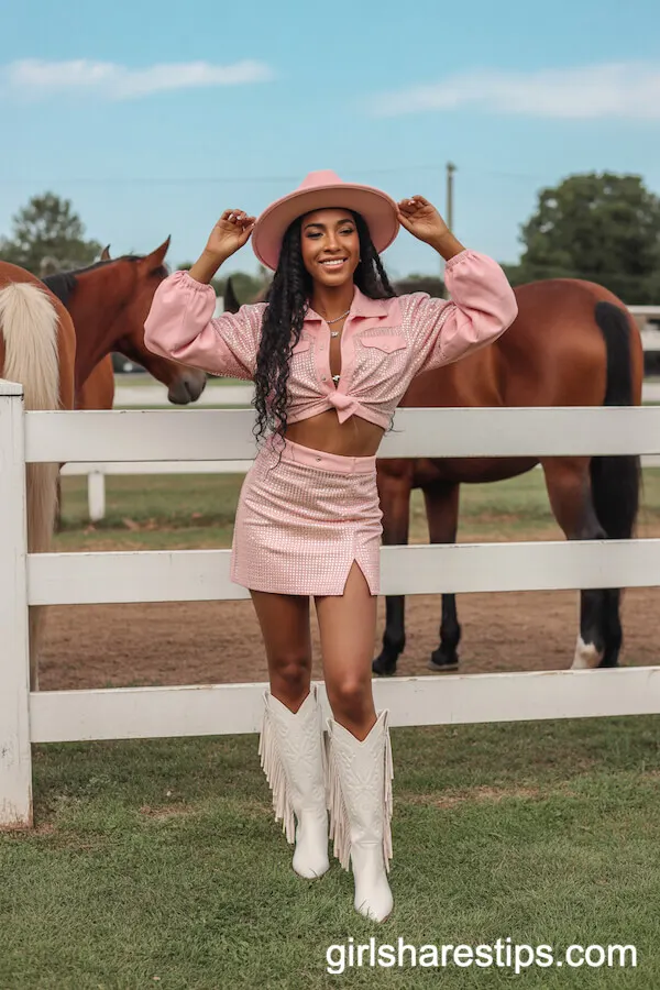 Pink Bedazzled Cowgirl Set with Mini Skirt and Fringed Boots