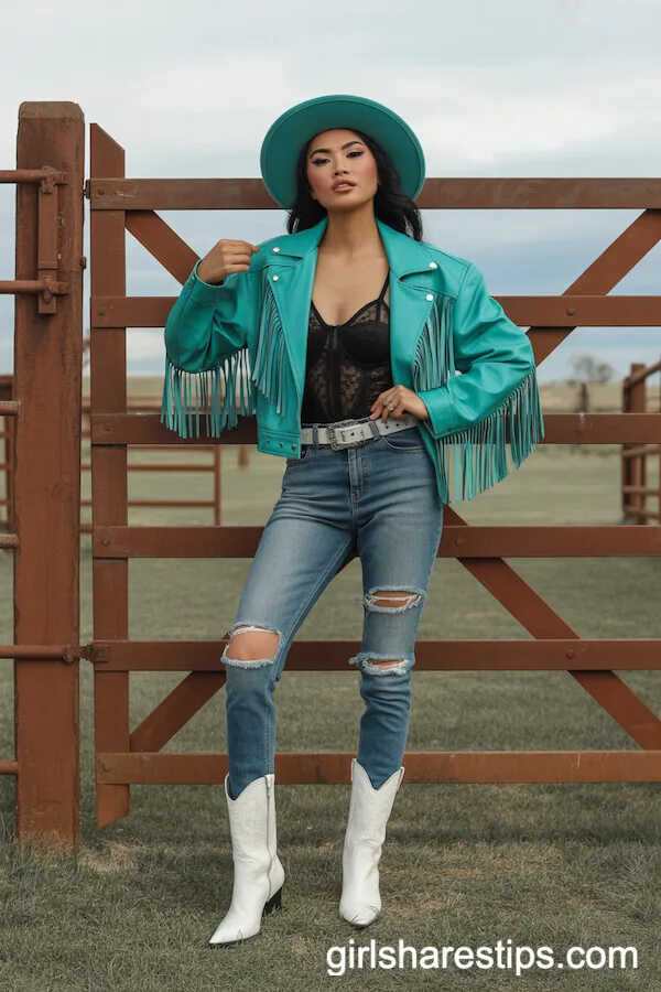 Turquoise Fringe Jacket Designer Bodysuit White Boots