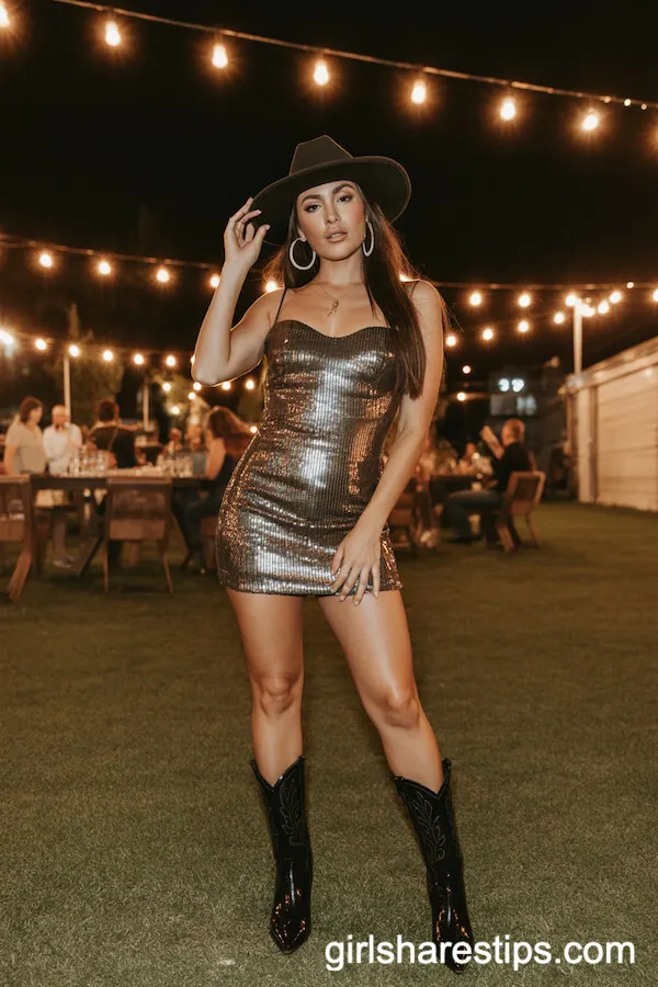 Sequined Mini Dress with Patent Cowgirl Boots for Nighttime Glam