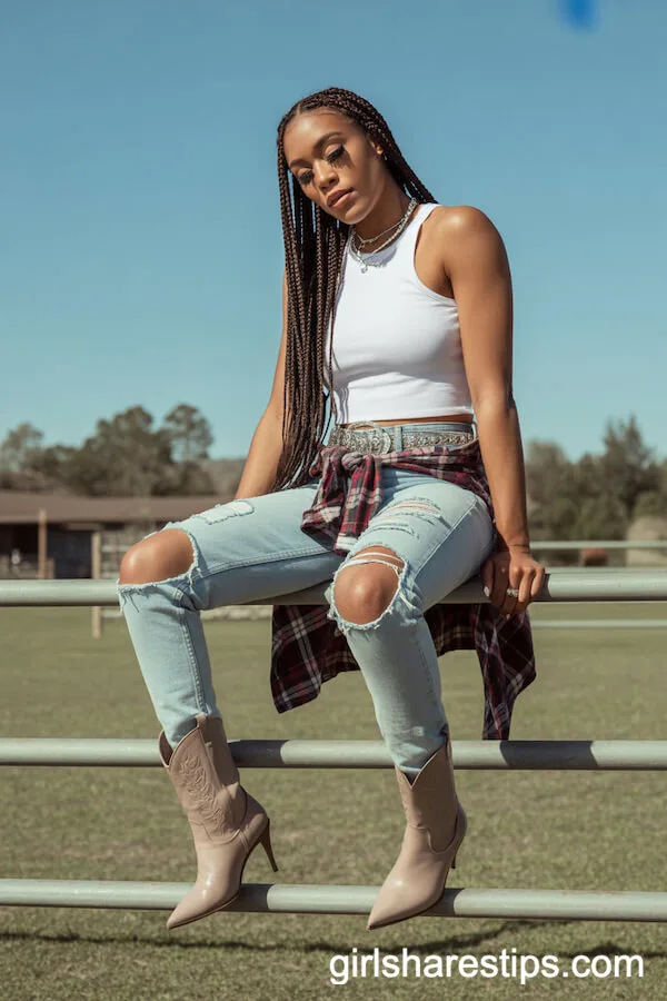Ripped Jeans and Tank Top with Stiletto Cowgirl Boots